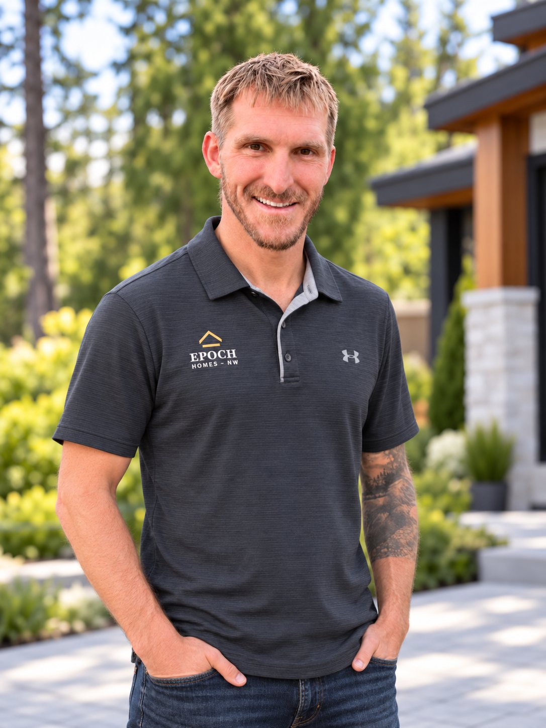 Loren Lambert, founder of Epoch Homes NW, outdoors in an Epoch Homes NW polo